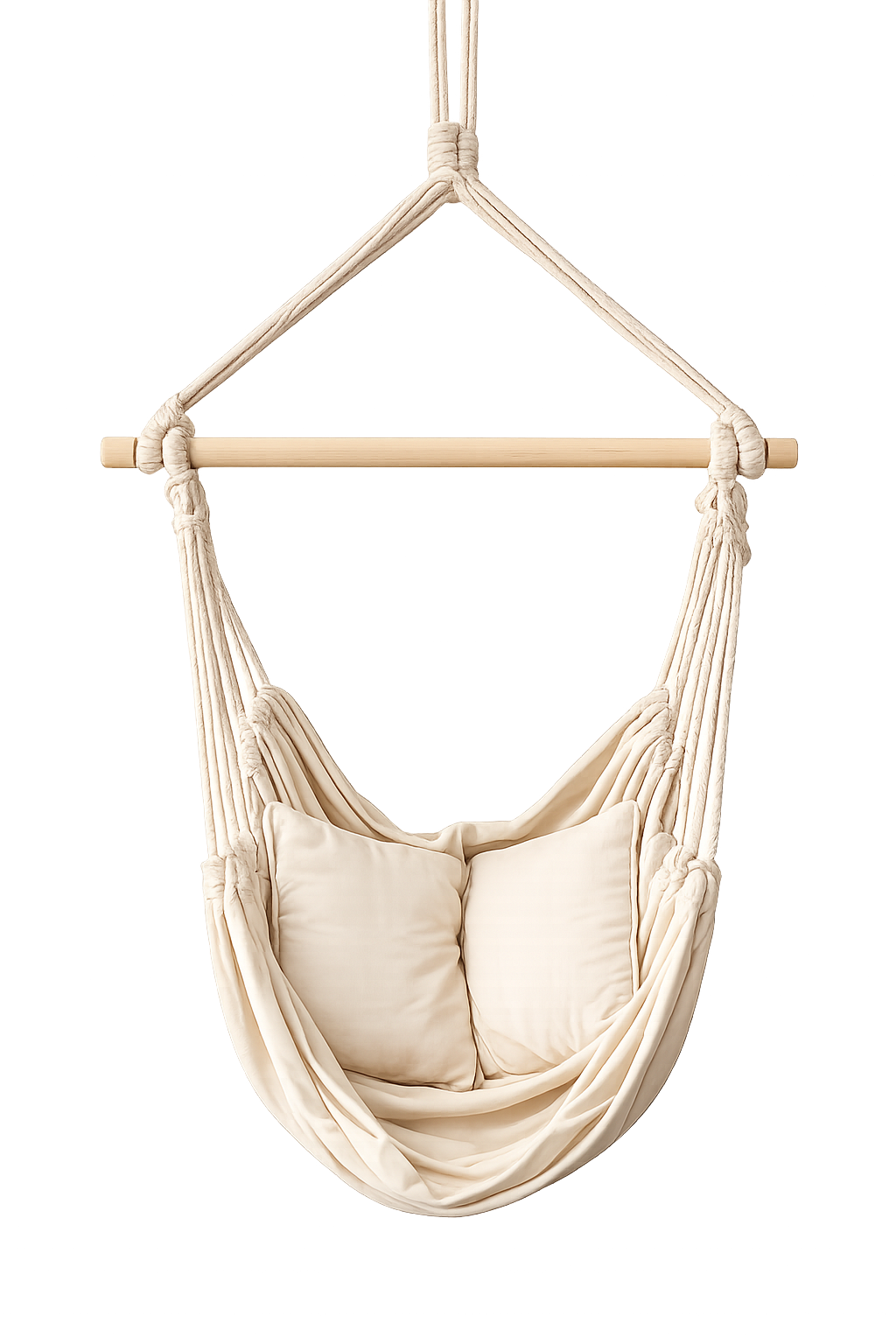 Hängesessel Beige – 130 × 100 cm inkl. 2 Kissen, Seil, Holzstab & S-Hake