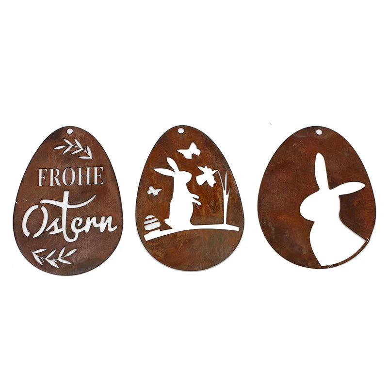 Edelrost Ostereier Deko Set 'Frohe Ostern' zum hängen | Metall Ostern Hängedeko - Handgemachte Spitzenqualität