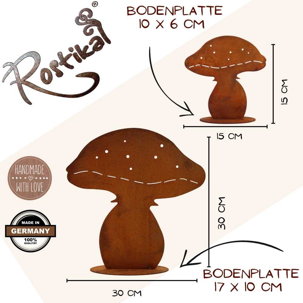 Edelrost Pilze, rostige Herbstdeko aus Metall für Haus und Garten | 30 und 15 cm hoch