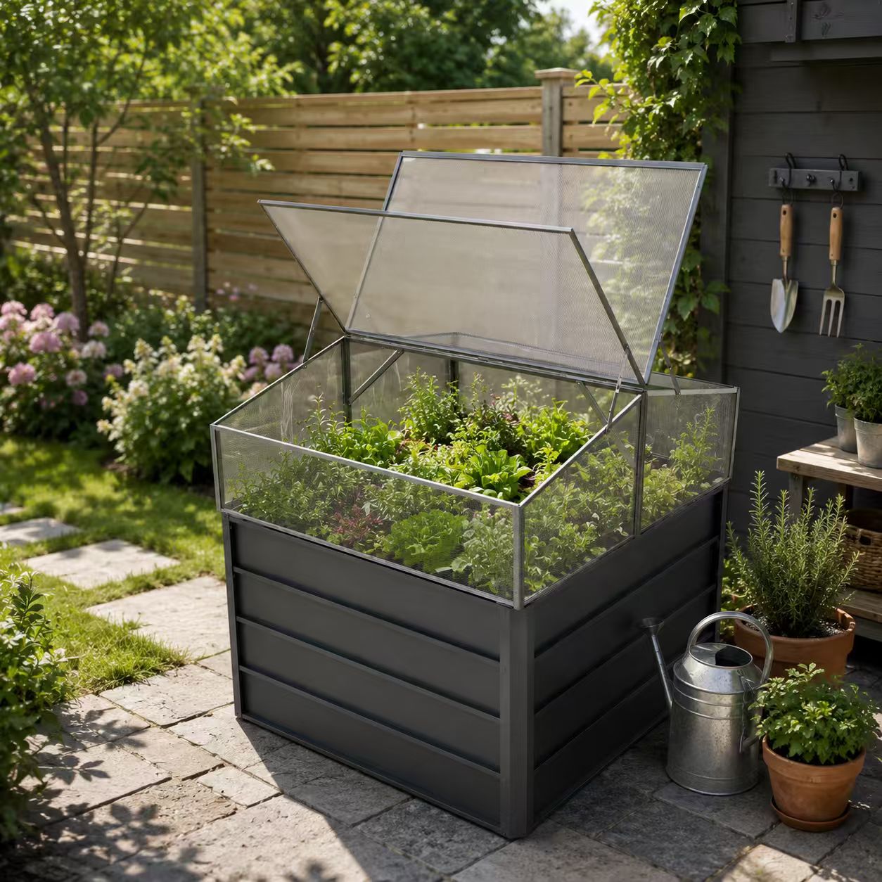 Anzuchtkasten mit Frühbeetaufsatz 108 × 110 × 104/152 cm – Hochbeet mit Polycarbonatdeckel