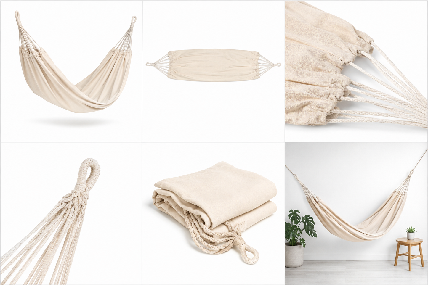 Hängematte Beige – 190 × 100 cm inkl. Seil & Karabiner