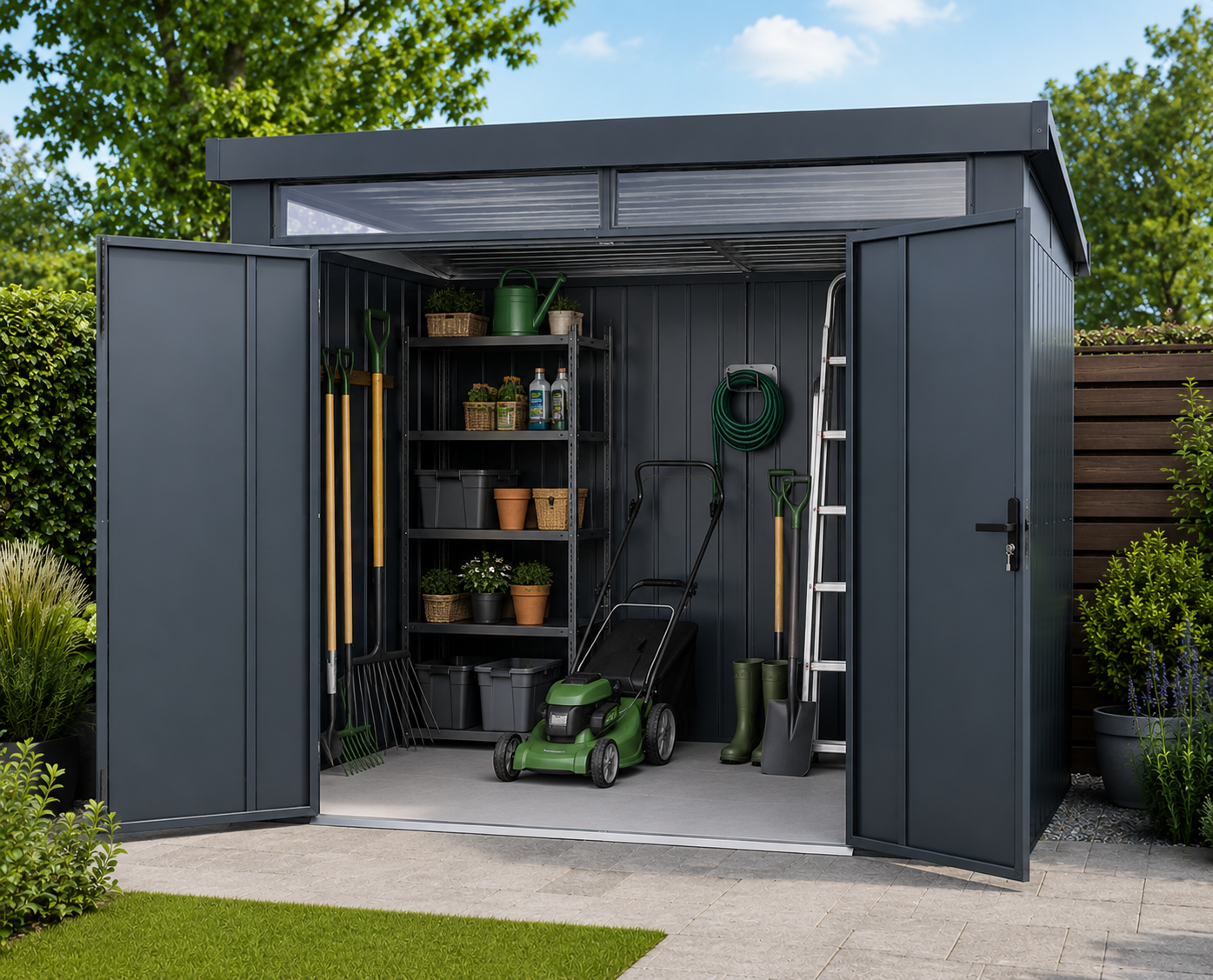 Garten-Gerätehaus Anthrazit 243 × 183 × 227 cm – Wetterfest, Abschließbar & Pflegeleicht