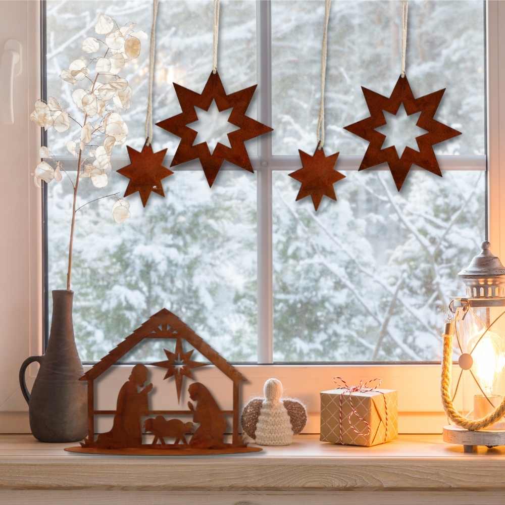 Edelrost Weihnachtsdeko Sterne zum Aufhängen | Rost Metall Gartenstecker Set