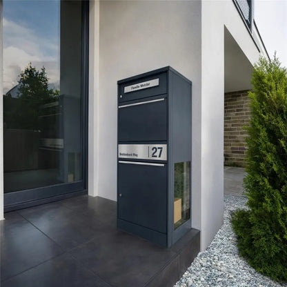 Paketbox mit Briefkasten | mit seitlichen Sichtfenstern | personalisiert mit Gravur | Edelstahl-Namensschild | Anthrazit | Bispo 2 SF