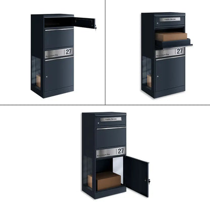 Paketbox mit Briefkasten | mit seitlichen Sichtfenstern | personalisiert mit Gravur | Edelstahl-Namensschild | Anthrazit | Bispo 2 SF